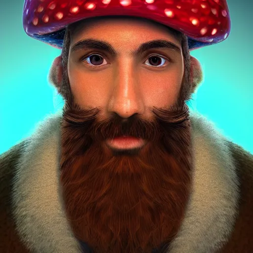 Image similar to highly detailed close up portrait of a bearded man in a mushroom hat, studio lightning, bright colors, intricate, masterpiece, photorealistic, hiperrealistic, sharp focus, high contrast, Artstation HQ, DeviantArt trending, 4k UHD, Unreal Engine 5