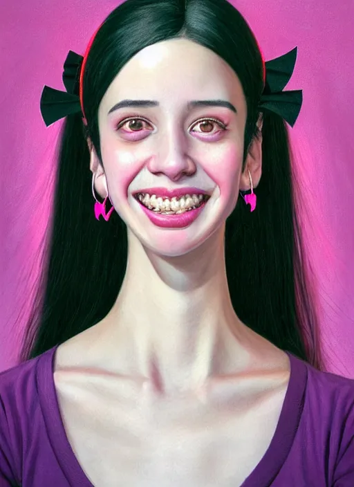 Image similar to portrait of high school girl, realistic, black hair, bangs, half updo hairstyle, pointy nose, skinny, smile, ugly, defined jawline, big chin, pink hair bow, earrings, intricate, elegant, glowing lights, highly detailed, digital painting, artstation, sharp focus, illustration, art by wlop, mars ravelo and greg rutkowski