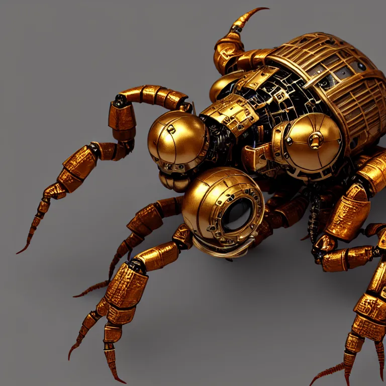 Image similar to steampunk robot scorpion, 3 d model, unreal engine realistic render, 8 k, micro detail, intricate, elegant, highly detailed, centered, digital painting, artstation, smooth, sharp focus, illustration, wlop