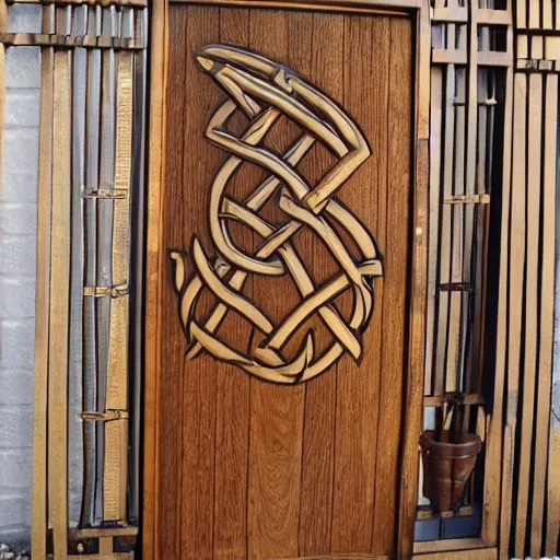 Image similar to wooden door made of gold gates nordic celtic in the top piece of a phoenix