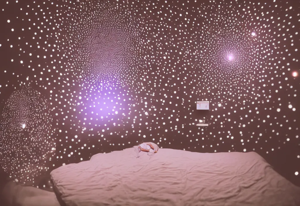 Image similar to 3 d floating people dream popping out of curved movie screen, volumetric lighting, bedroom, sleeping, pair of keycards on table, bokeh, thin glowing dot, creterion collection, shot on 7 0 mm, instax