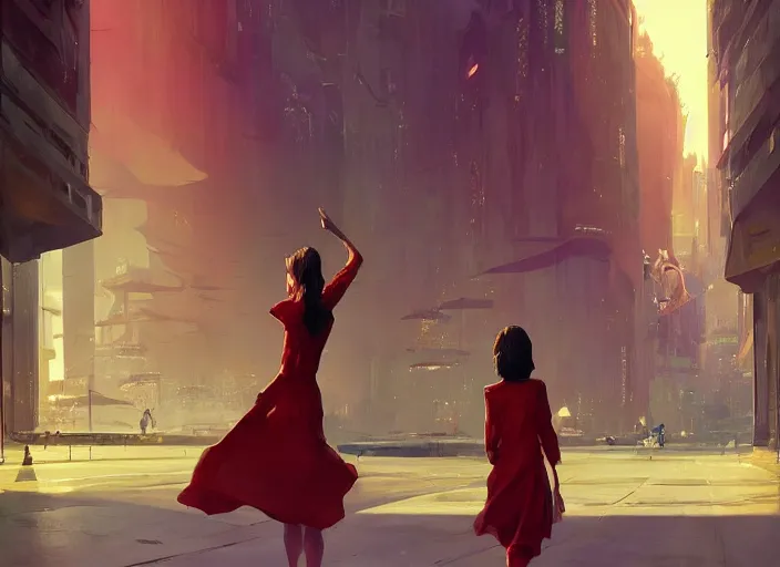 Prompt: gorgeous inspiring girl waving a red flag over her head enthusiastically walking through Mandelbrot fractal futuristic bustling utopian city by Craig Mullins, ilya kuvshinov, krenz cushart, artgerm trending on artstation by Edward Hopper and Dan Mumford and WLOP and Rutkovsky, Unreal Engine 5, Lumen, Nanite
