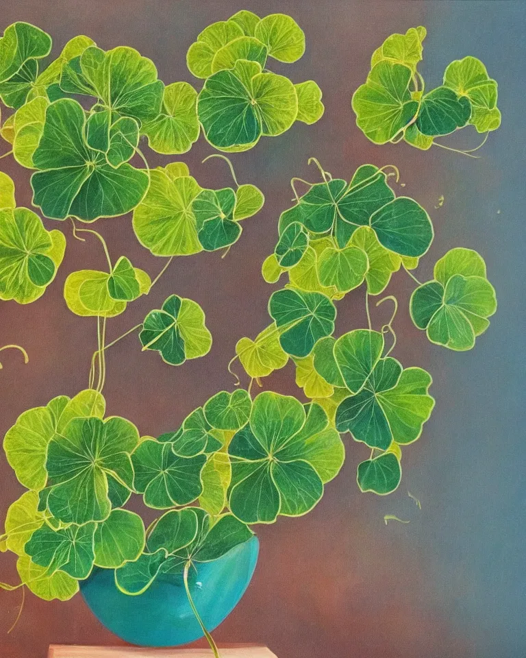 Image similar to fine painting of teal leafed nasturtiums and blue incense smoke.