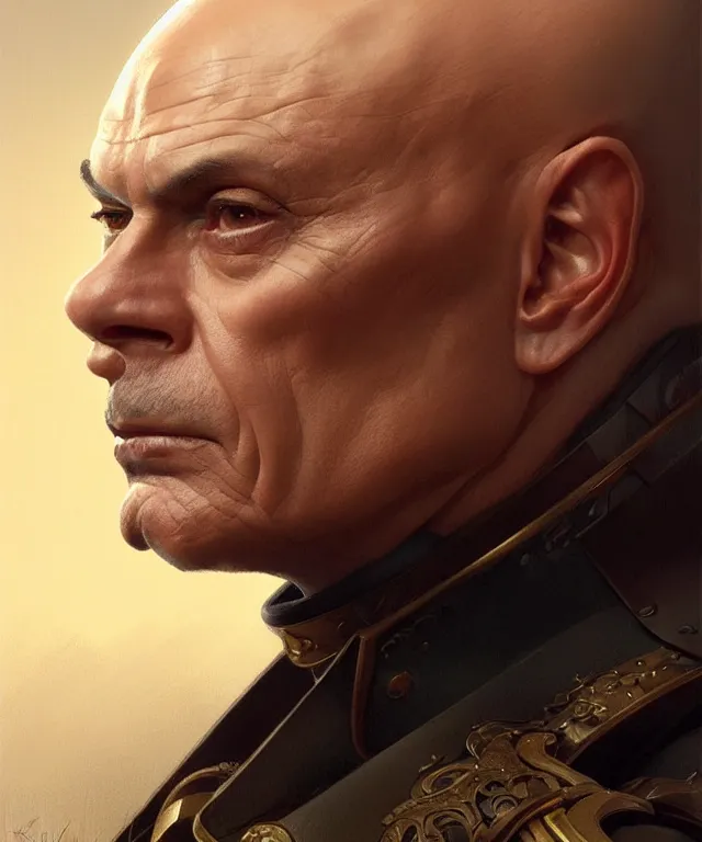 Image similar to Yul Brynner as a very angry bald general, portrait, intricate, elegant, highly detailed, digital painting, artstation, concept art, smooth, sharp focus, illustration, art by artgerm and greg rutkowski and alphonse mucha