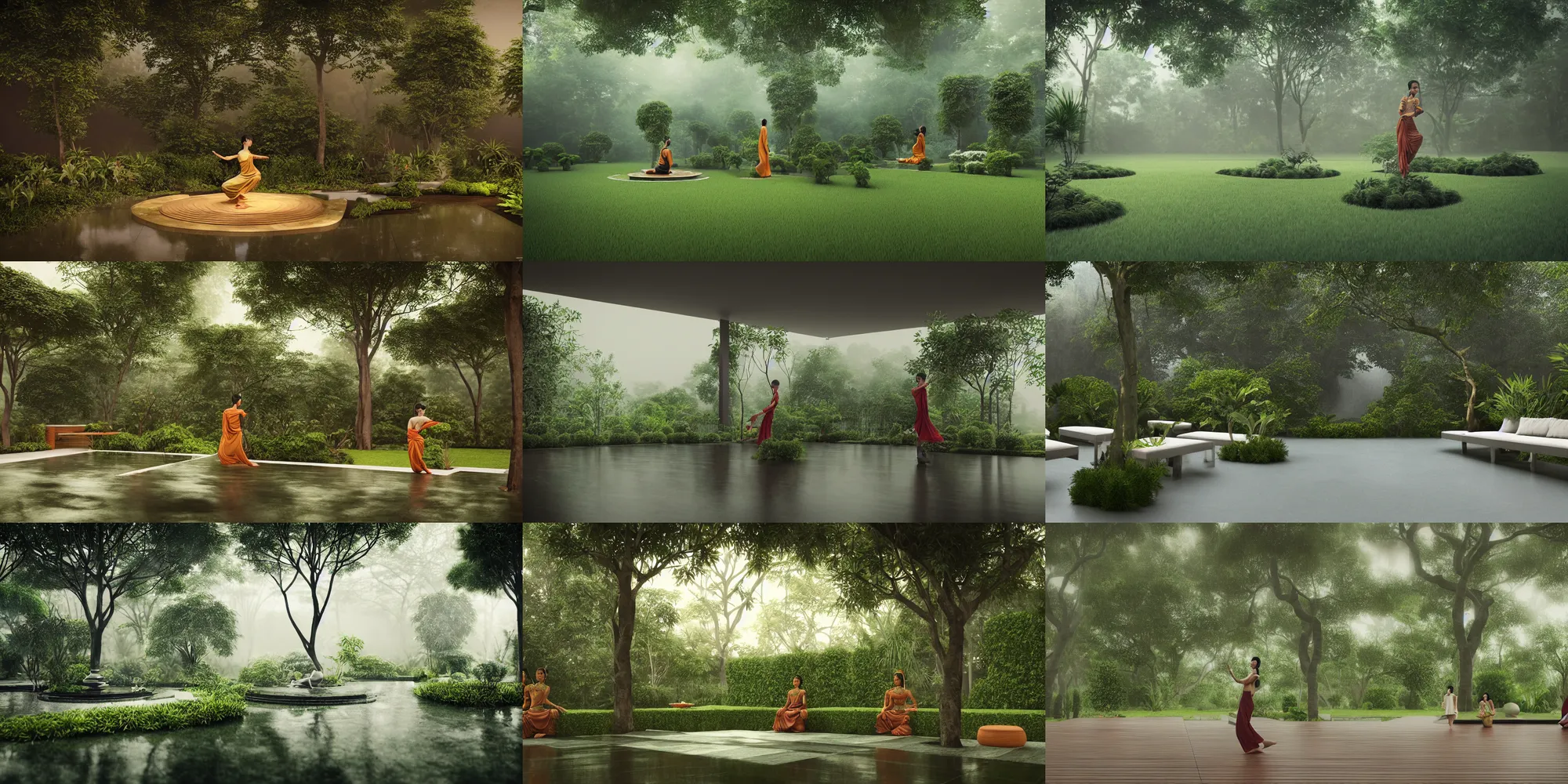 Prompt: osho dance meditation on javanese style garnden, octane render, trees, evergreen, patio, garden, wet atmosphere, tender, soft light misty