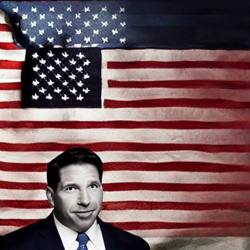 Image similar to Ron Desantis in front of a Betsy Ross flag, dark, creepy, ominous, modern propaganda artwork