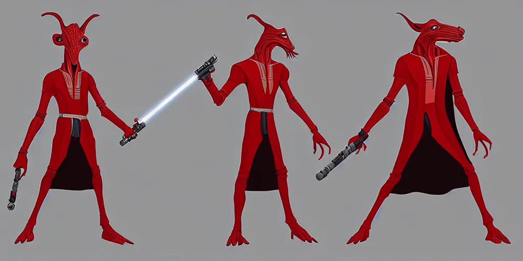 Prompt: jar jar binks as a sith lord, holding a red lightsaber, in the style of artstation