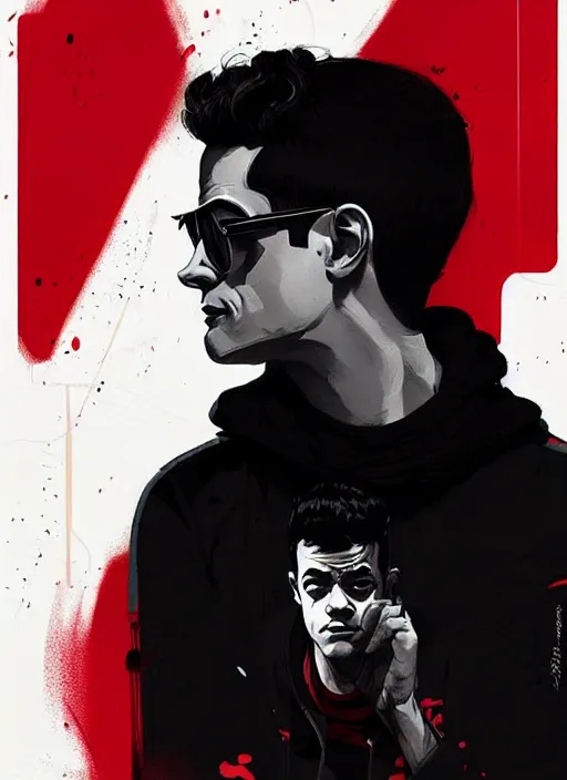 Image similar to highly detailed closeup portrait of rami malek, elliot alderson, black hoody by atey ghailan, by greg rutkowski, by greg tocchini, by james gilleard, by joe fenton, by kaethe butcher, gradient red, black and white color scheme, grunge aesthetic!!! ( ( graffiti tag wall background ) )