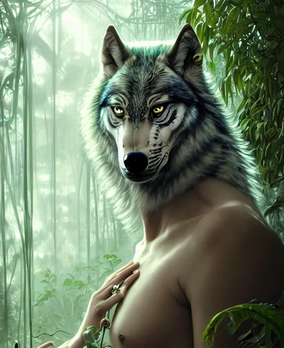 Image similar to simplicity ornate opulent transparent clear see - through portrait of a terrifying beautiful male alien wolf, mottled coloring, adorable, childlike, overgrown jungle environment, ultra realistic, concept art, art nouveau, photorealistic, octane render, 8 k, unreal engine. art by christopher marley and artgerm and greg rutkowski and alphonse mucha