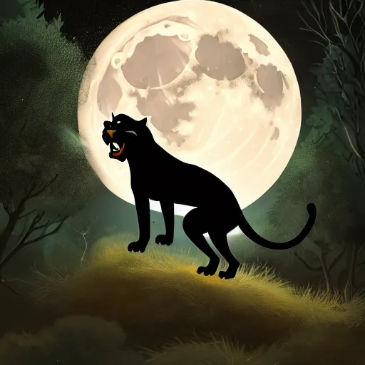 Image similar to a panther roaring at the moon in a forest during the night, large moon in the center. artistic. illustration. trending on artstation. cinematic. photoreal. dark colors. night.