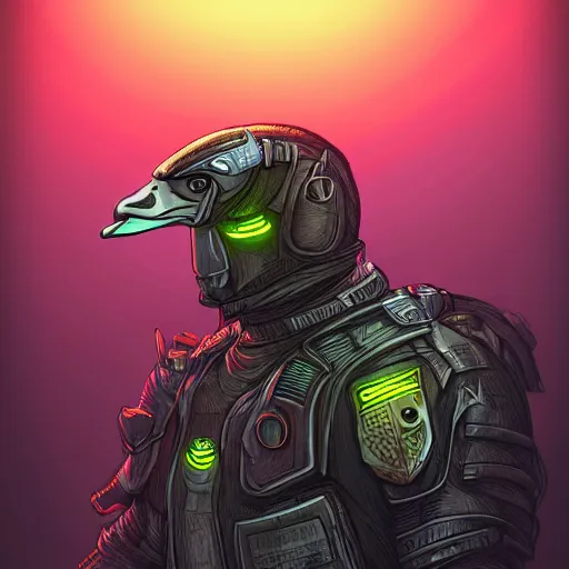 Prompt: a goose in a detective suit, dystopia core, apocalyptic, armor, warrior, dramatic, sharp focus, fiction, neon, fantasy, hyper detailed, digital art, trending in artstation, cinematic lighting