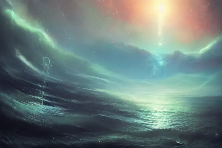 Image similar to the night sky is an upside down ocean, the stars are fish in the depths, the night sky is a sea, distant nebula are glowing algae fantasy painting by jessica rossier