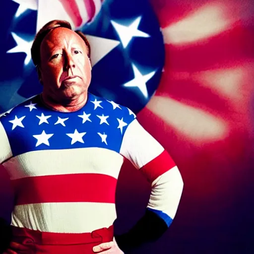 Prompt: UHD candid photo of Alex Jones dressed as a cosmic superhero, wearing red white and blue, accurate face, UHD, photorealistic, correct face, photo by Annie Leibowitz