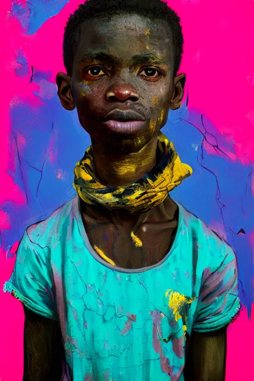 Image similar to portrait of a african young boy nor living in a death postapoliptic world, painted in acrylic, pigment, in the colors hot pink and cyan, beautiful realistic face, rule of thirds, soldier outfit, spotlight, by greg rutkowski, by jeremy mann, by francoise nielly, by van gogh, by ross tran, digital painting