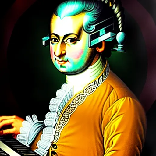 Prompt: mozart playing video games, old painting, highly detailed