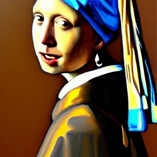 Image similar to painting of Elon Musk posed in the style of ‘Johannes Vermeer\'s girl with a pearl earring’ hyperrealistic, moody lighting, golden hour