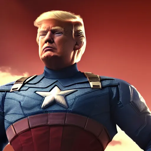 Image similar to Donald Trump cast as Captain America, still from marvel movie, hyperrealistic, 8k, Octane Render,