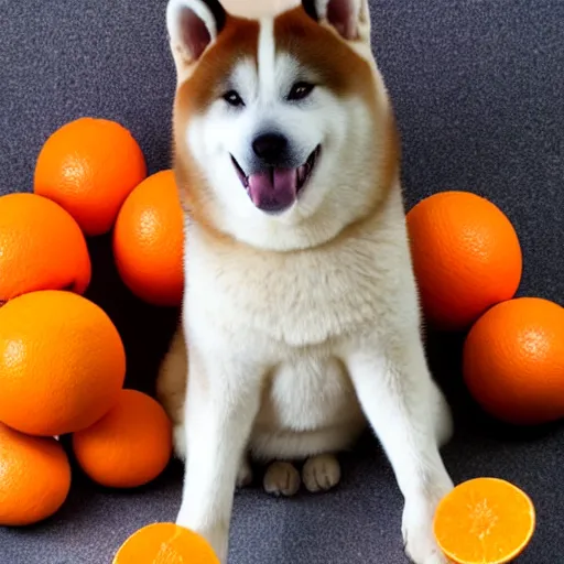 Image similar to photo of an akita inu made out of oranges