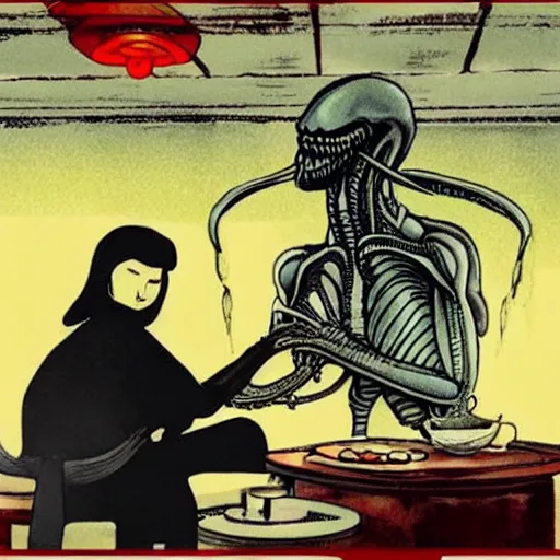 Image similar to xenomorph alien drinking chinese tea in a chinese tea house