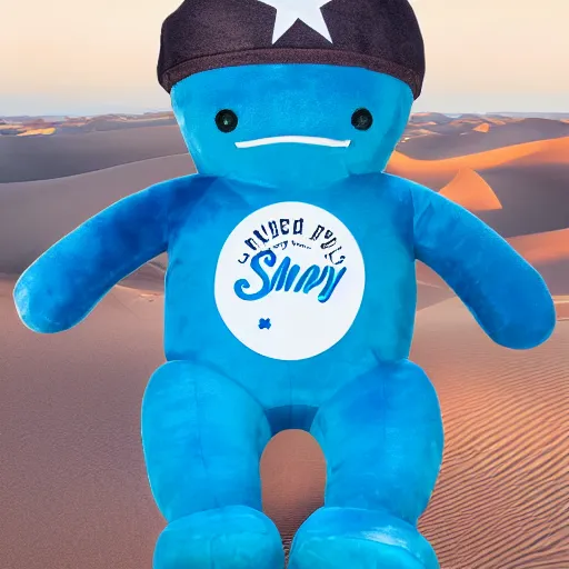 Image similar to blue'snappy gifts'logo human - sized plush doll, looking at the camera, in the desert, holding gift, happy atmosphere, high detail, 8 k