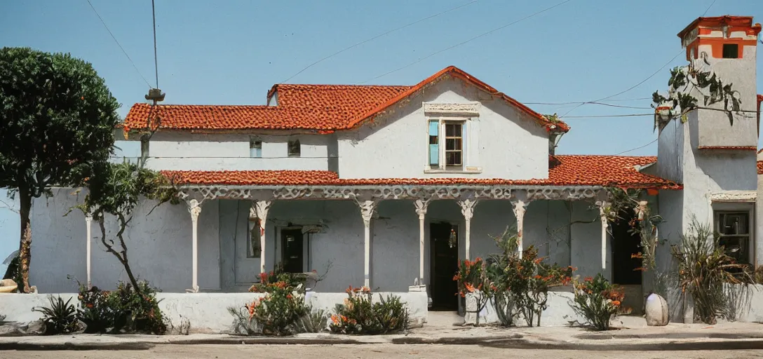 Image similar to exterior of mission revival house with portuguese tiles. monterey, ca. fujinon premista. portra 8 0 0.