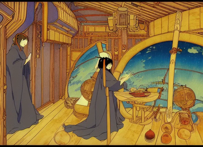 Image similar to a still frame in anime style, studio ghibli, ivan bilibin, medieval western bible sci - fi illustration of a person morphing into a bird, space station interior