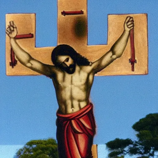 Prompt: jesus on the cross giving a thumbs up to the camera.