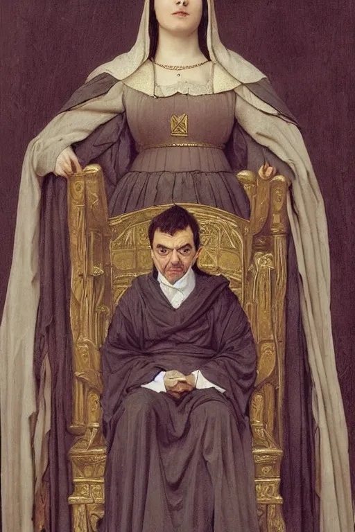 Prompt: Mr Bean as medieval queen, sit on throne, bouguereau