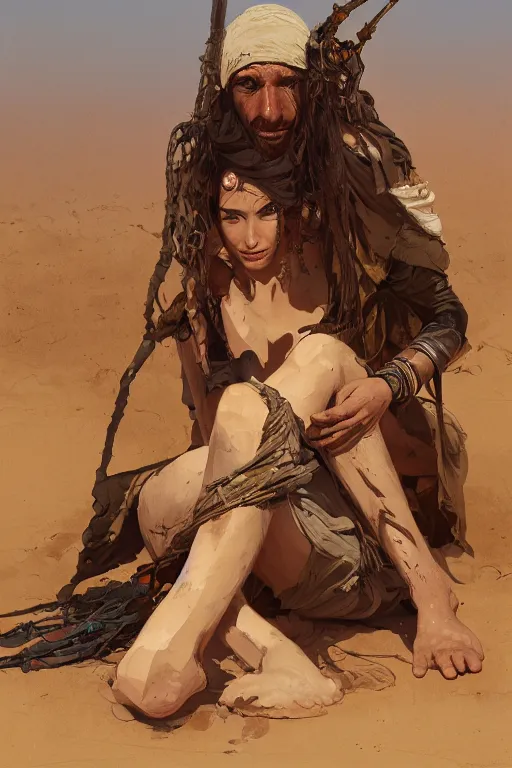 Image similar to a full body portrait of a beautiful post apocalyptic offworld desert bedouin blind barbarian leper laying by the roadside, intricate, elegant, highly detailed, digital painting, artstation, concept art, smooth, sharp focus, illustration, art by krenz cushart and artem demura and alphonse mucha