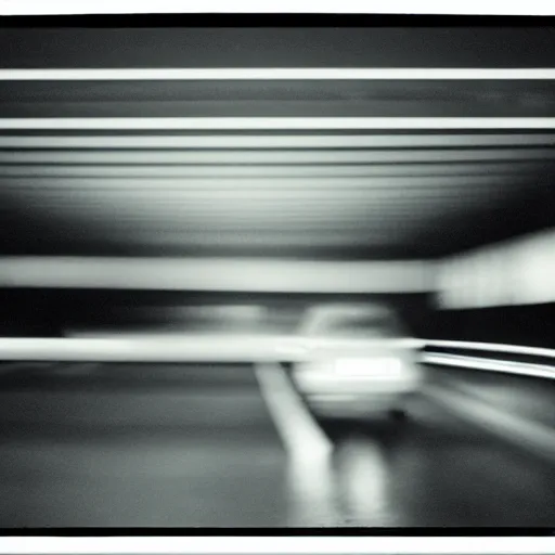 Prompt: analog photograph of a highway underpass at night, a single van is parked, greyscale, film grain, rainfall, bokeh, depth of field