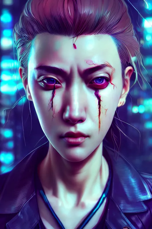 Image similar to hyperdetailed close portrait of a woman in a worn out suit in a cyberpunk city inspired by ross tran and wlop and masamune shirow and kuvshinov, concept art, intricate, photorealistic, octane render, rtx, hdr, unreal engine, dnd digital art by artgerm