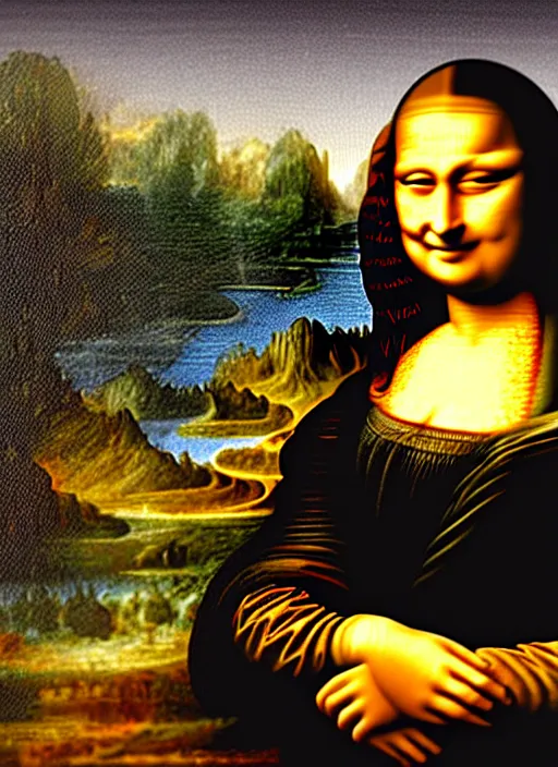 Image similar to A photograph of Rishi Sunak shredding the Mona Lisa, realistic, detailed