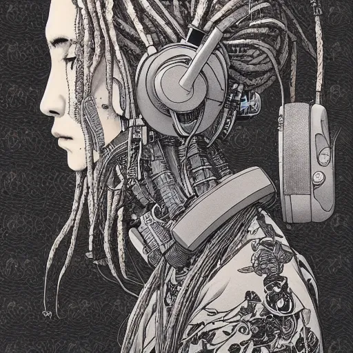 Image similar to a beautiful ukiyo painting of robot with dreadlocks and headphones in profile view, wearing space techwear, detailed symmetrical close up portrait, intricate complexity, by takato yamamoto, wlop, krenz cushart. cinematic dramatic atmosphere, sharp focus