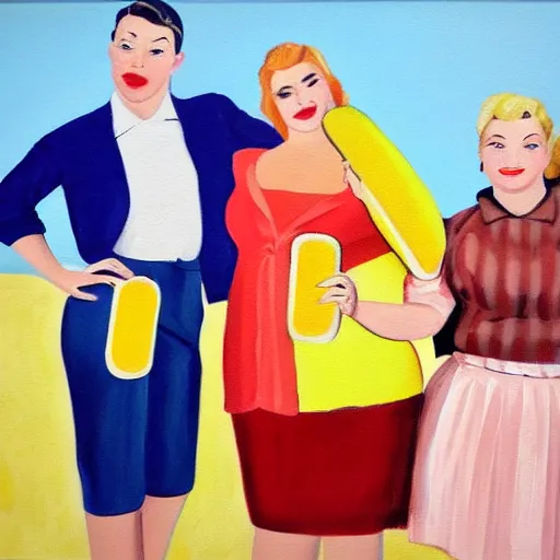 Prompt: a painting of two thin teens and one fat blonde teen dressed in 1 9 5 0's attire and eating yellow popsicles 8 k