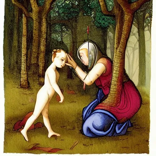 Image similar to “ sensual nurse treating medieval child girl in a fantasy forest, artwork ”