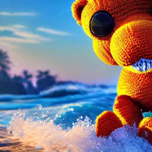 Image similar to a closeup photorealistic photograph of a cute smiling knitted tiger hippopotamus riding a wave at sunset. surf in background. professional capture. brightly lit scene. this 4 k hd image is trending on artstation, featured on behance, well - rendered, extra crisp, features intricate detail, epic composition and the style of unreal engine.