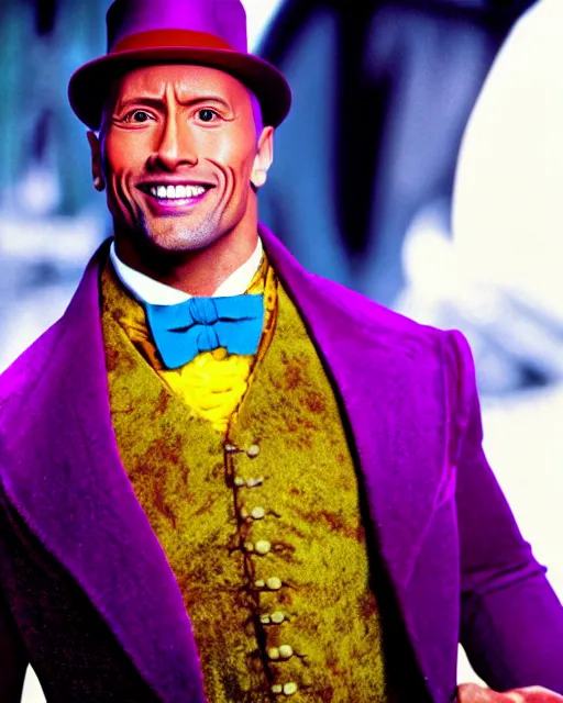 Image similar to Film still close-up shot of Dwayne Johnson as Willy Wonka from the movie Willy Wonka & The Chocolate Factory. Photographic, photography