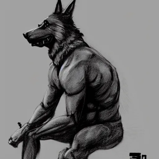 Image similar to a humanoid german shepherd beast - man, wearing gym suit, sitting on a couch, artstation, concept art, smooth, sharp foccus ilustration, artstation