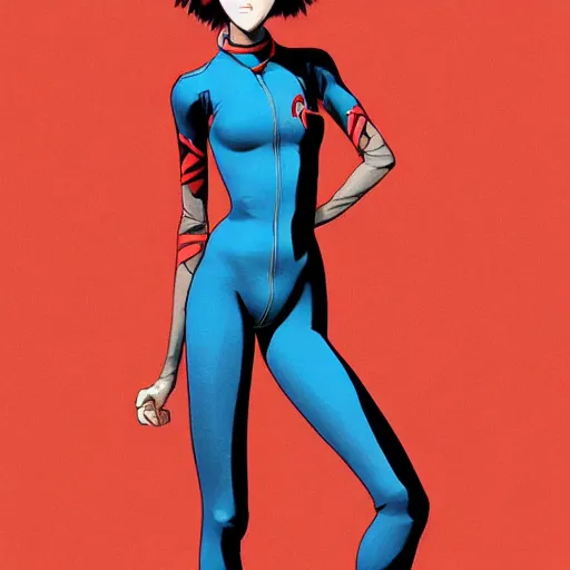 Image similar to thin girl with boyish body shape in catsuit. illustration by james jean and satoshi kon and erik jones, inspired by evangelion, smooth feature, intricate oil painting, high detail illustration, sharp high detail