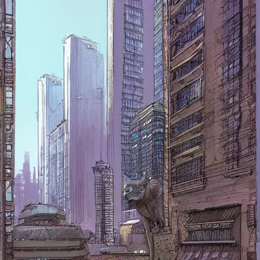 Image similar to concept art of a huge cat - like building in the middle of a city, art by moebius, digital art