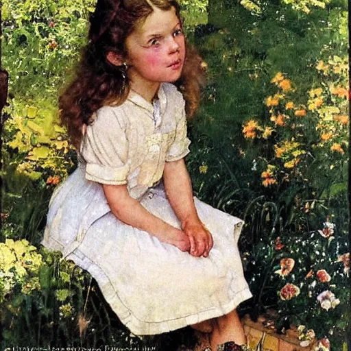 Image similar to a little girl with wavy light brown hair and blue eyes in a beautiful garden. beautiful painting by norman rockwell and raymond swanland, beautiful detailed face.