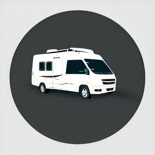 Image similar to very very very stylized minimal vector graphic of a thor chateau motorhome, hills and sunset, white background, all enclosed in a circle, professional minimal graphic design cartoon