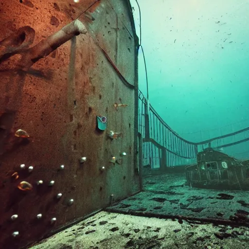 Image similar to abandoned rusty underwater theme park, surreal, horror, eerie, creepy, murky water, underwater, underwater photography, dark, submechanophobia, open ocean, fish swimming in distance, night,