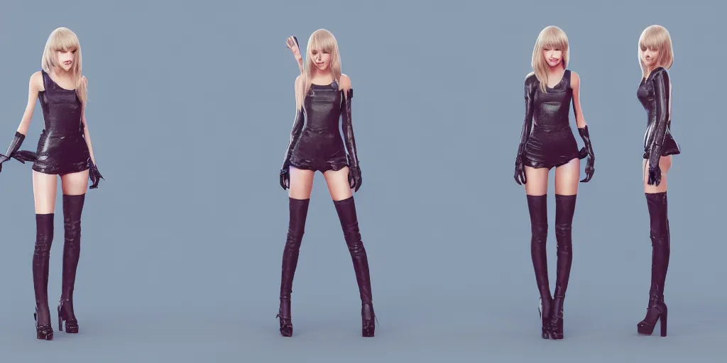 Image similar to full-body character sheet of Taylor swift for the music video ‘More’ by KDA (league of legend), 3d render, octane render, 4K, volumetric, trending on art station