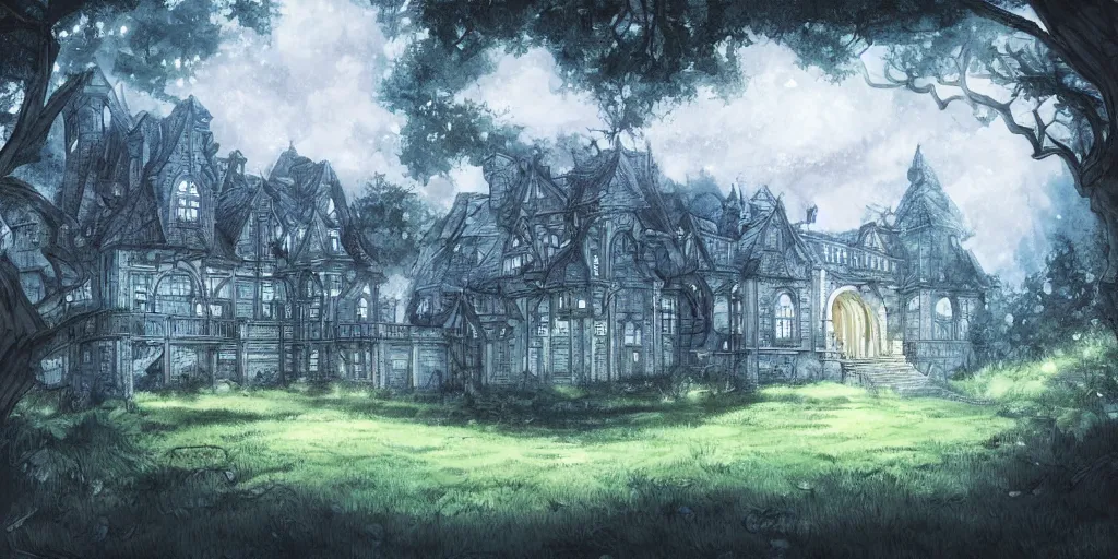 Prompt: manor in the middle of the forest, at night, no light, green, blue, bright, artstation, detailled, manga!!!, fantasy!!!!!!