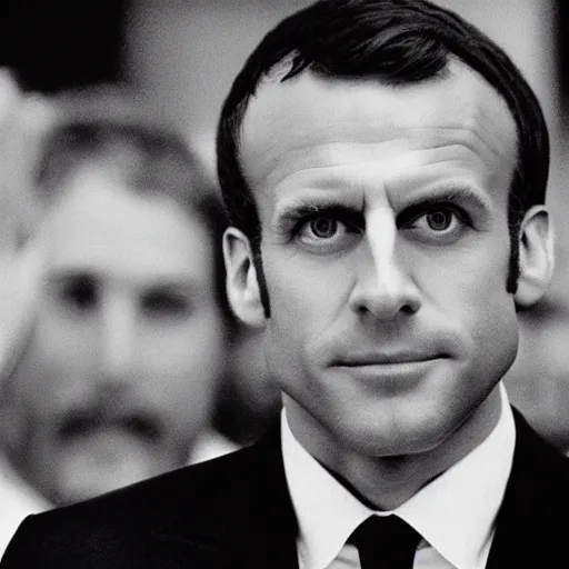 Prompt: bald and beardy Emmanuel Macron in American Psycho (1999)