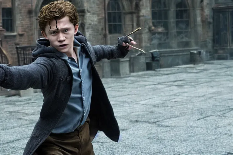 Prompt: film still of Tom Holland as Harry Potter in Harry Potter movie