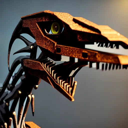 Image similar to a cyborg velociraptor made out of rusty metal gears, photorealistic 3 d octane render, unreal engine