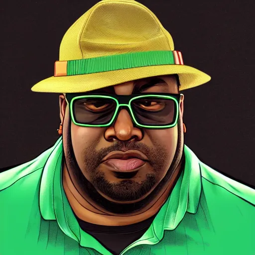 Image similar to hyper detailed digital painting of fat big smoke from gta : san andreas wearing a green fedora and green shirt in a car ordering food at a drive - thru, exaggerated expression, sunlight rays peering through, trending on artstation, intricate, smooth, sharp focus, beautiful shadows and lighting, studio quality, octane render, 8 k