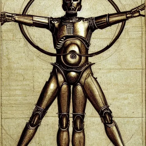 Image similar to c 3 po as the vitruvian man, drawing by leonardo da vinci, pencil